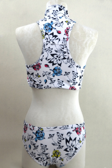 New Trendy Floral Printed Zipper Front Sleeveless White Bikini Set