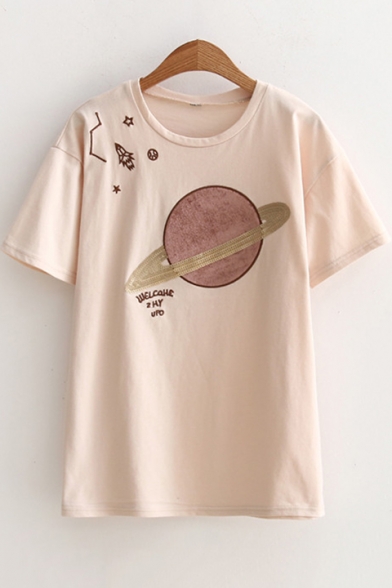 New Trendy Sequined Letter Planet Embroidered Short Sleeve Round Neck Loose Fit T-Shirt