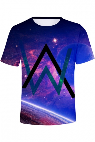 New Trendy Unique Double W Logo Galaxy Printed Short Sleeve Blue T-Shirt