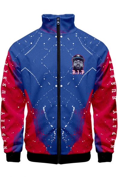 Popular American Rapper Portrait Printed Stand-Collar Zip Up Sport Colorblock Blue and Red Jacket