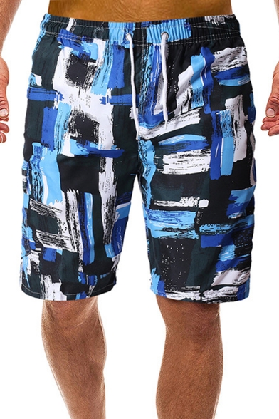 Quick-Dry Blue Casual Pocket Colorblocked Relaxed Drawcord Beach Shorts for Men
