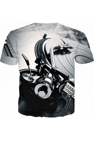 Retro Gramophone 3D Printed Short Sleeve Round Neck Grey T-Shirt