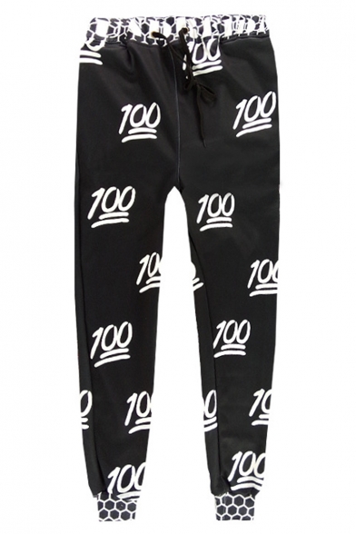 Stylish Allover 100 Emoji Printed Drawstring Waist Unisex Casual Black Sweatpants
