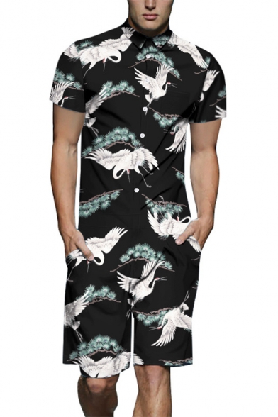 Stylish Allover Crane Printed Short Sleeve Black One Piece Suit Shirt Workwear Rompers for Guys