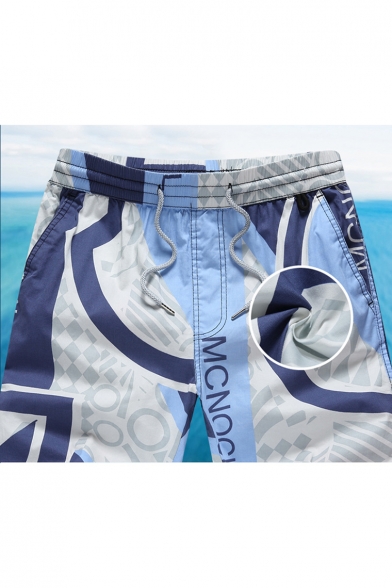 Stylish Letter Geometric Printed Colorblocked Drawstring Waist Mens Beach Swim Shorts