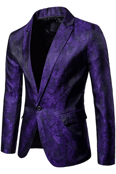 Stylish Printed Notched Lapel Single Button Long Sleeves Flap-Pockets Slim Mens Suit Blazer