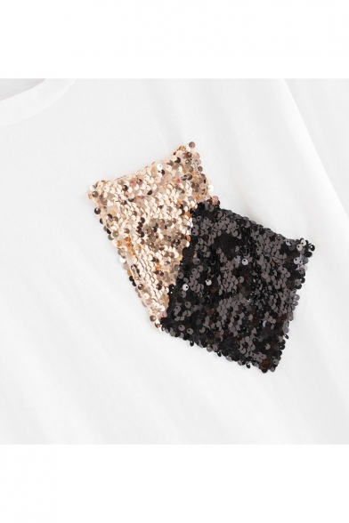 Stylish Sequins Embellishing Double Pocket Round Neck Short Sleeve Loose Fit T-Shirt