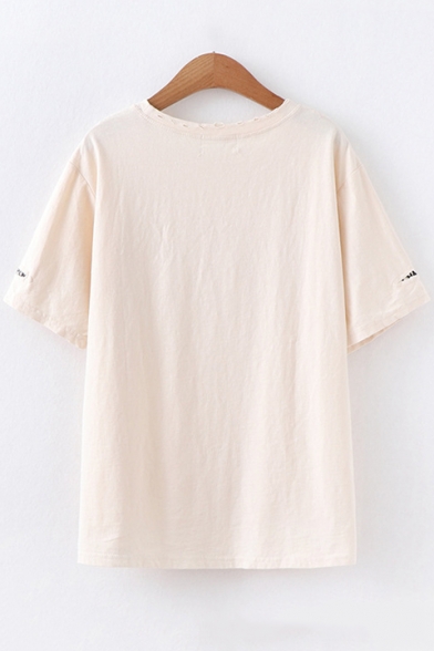 Summer Cute Cat Applique Short Sleeve Cotton Pullover T-Shirt