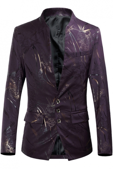 Trendy Floral Print Stand Up Collar Long Sleeve Button Front Slim Fitted Mens Blazer Jacket