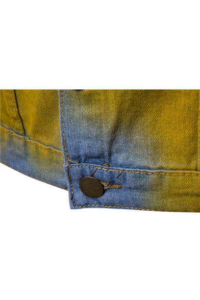 Unique Cool Colorful Splash Ink Print Double Pocket Front Button Front Blue Denim Jacket for Men