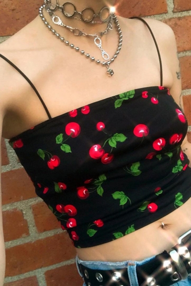 Women's Allover Cherry Pattern Spaghetti Straps Sleeveless Cropped Cami Tank