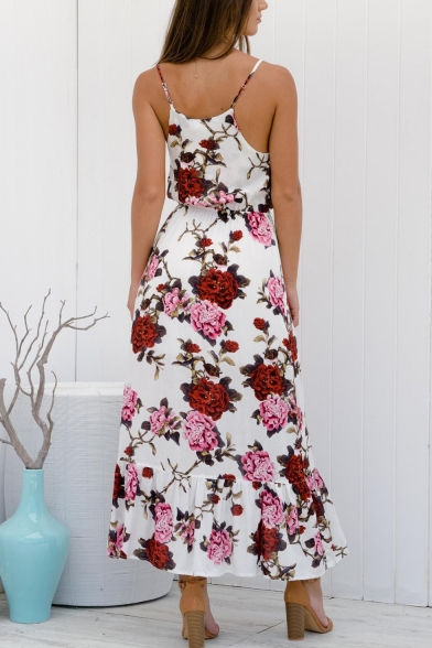 Womens Fashion Straps Floral Printed Tied Waist White Maxi A-Line Cami Dress