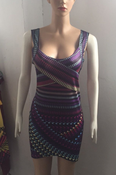 Womens Summer Fashion Printed Sleeveless Purple Mini Bodycon Dress