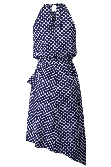 Fashion Polka Dot Printed Spaghetti Straps Sleeveless Tied Waist Midi Asymmetrical Dress