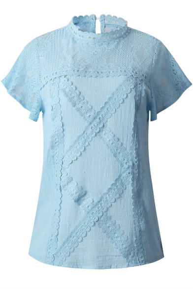 Fashionable Plain Mock Neck Short Sleeve Crisscross Lace Patched Casual T-Shirt