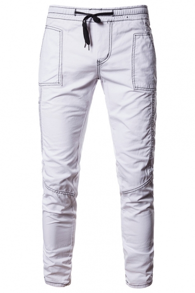 Fashionable Solid Color Drawstring-Waist Contrast Stitching Guys Casual Slim Fitted Jeans