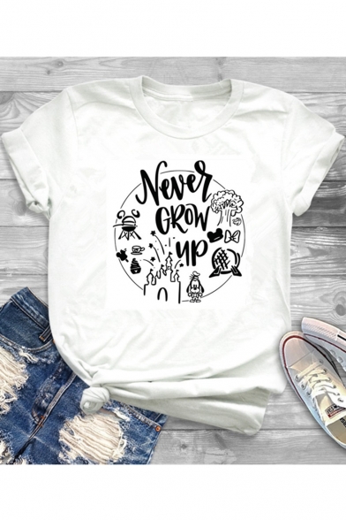 Funny Letter NEVER GROW UP Printed Round Neck Short Sleeve White Leisure T-Shirt