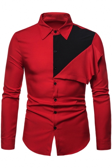 Guys New Fashion Unique Patchwork Colorblock Long Sleeve Slim Button-Up Shirt