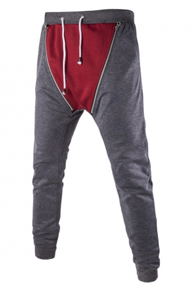 Guys Trendy Zip Embellished Colorblock Drawstring Waist Casual Sweatpants for Men