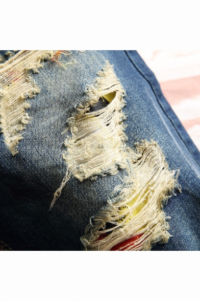 Guys Unique Camo Printed Rolled Cuff Destroyed Ripped Slim Fit Indigo Denim Shorts