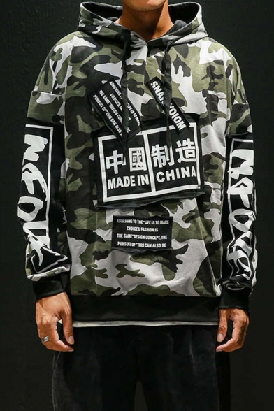 Hot Fashion Camo Letter MADE IN CHINA Printed Patchwork Long Sleeve Mens Relaxed Hoodie