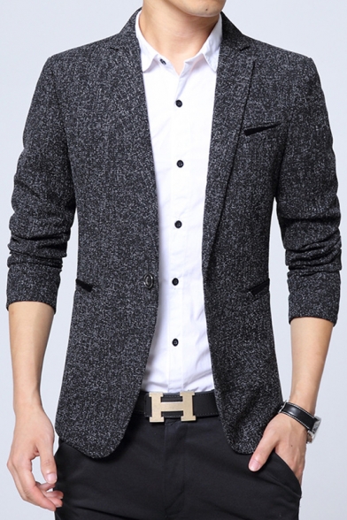 Leisure Mens Notched Lapel Long Sleeves Single Button Fitted Blazer Jacket with Pockets