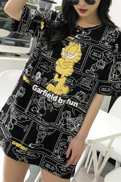Lovely Letter Garfield Comic Printed Round Neck Half Sleeve Longline Pullover T-Shirt