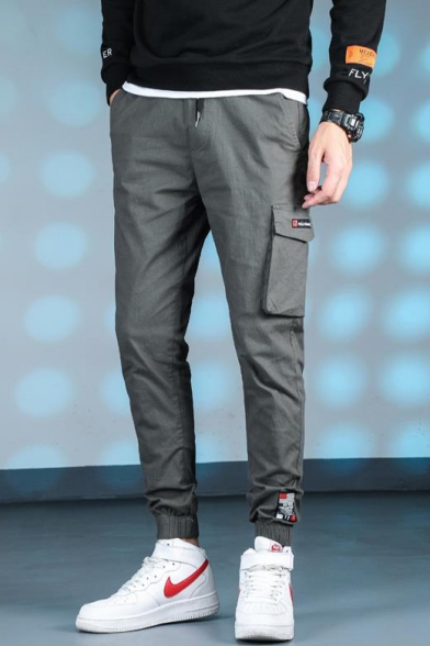 Men's New Fashion Drawstring-Waist Elastic Cuff Solid Cotton Cargo Pants