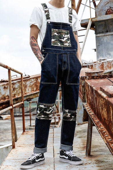 Men's New Stylish Camo Printed Patchwork Loose Casual Blue Jeans Denim Bib Overalls