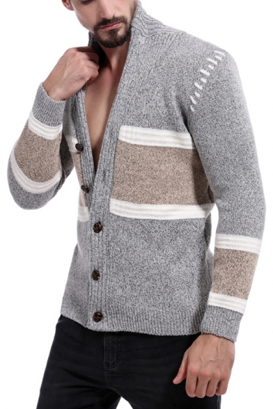Men's New Stylish Colorblock Stand-Collar Button Down Marled Fit Cardigan