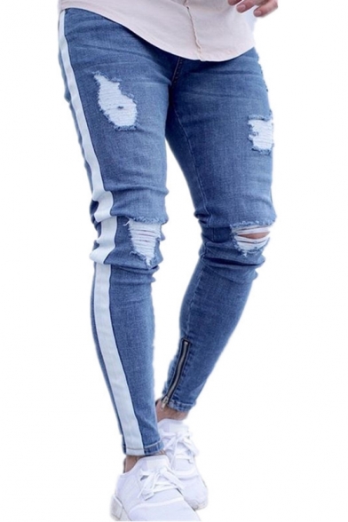 Men's New Stylish Cool Tape Side Zip-Embellished Cuff Ripped Jeans in Light Blue