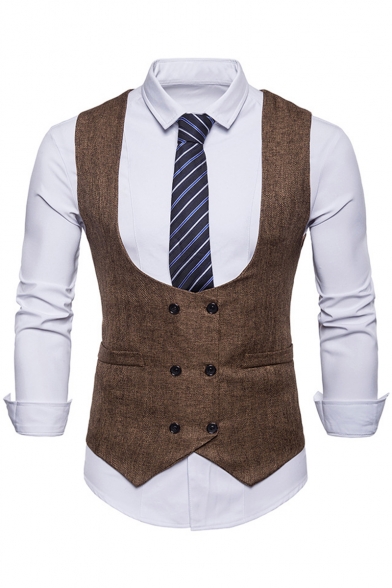 Men's Plain Double Breasted Belt Back Design Business Suit Vest