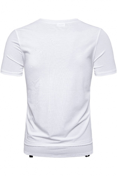 Men's Simple Plain Ribbon Patched Round Neck Short Sleeve Leisure Tee