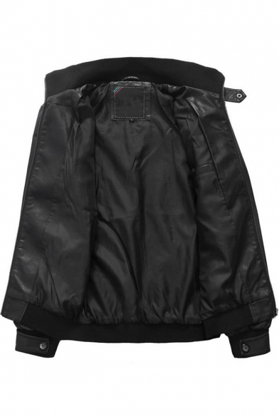 Men's Trendy Band Collar Long Sleeve Zip Placket Slim Leather Jacket Biker Jacket
