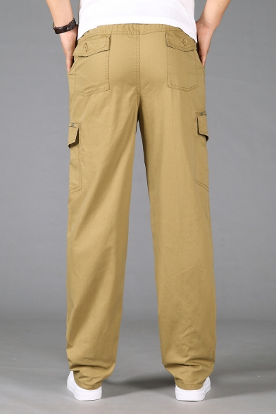 Mens Elastic Waist Flap Pocket Side Simple Plain Cotton Straight Fit Cargo Trousers