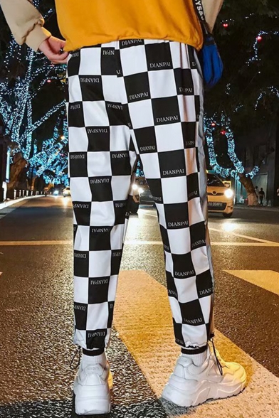 Mens Hip Hop Style Fashion Letter Check Printed Reflecting Tape Patched Drawstring-Waist Loose Casual Track Pants