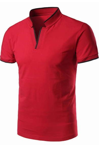 Mens New Stylish Contrast Trim Stand-Collar Sport Casual Polo Shirt