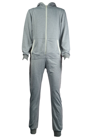 Mens New Stylish Long Sleeve Hooded Zip Up One Piece Sleepwear Lounge Jumpsuits