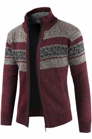 Mens New Trendy Color Block Stand Collar Long Sleeve Zip Closure Marled Cardigan