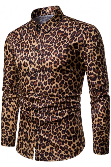 Mens Nightclub Fashion Leopard Print Long Sleeve Fitted Button-Up Shirt