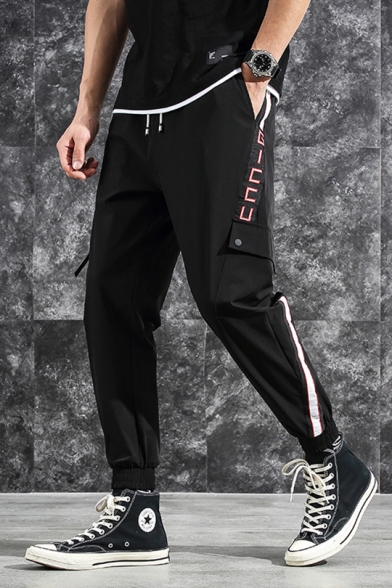Mens Simple Fashion Striped Side Drawstring Waist Cotton Loose Tapered Cargo Pants
