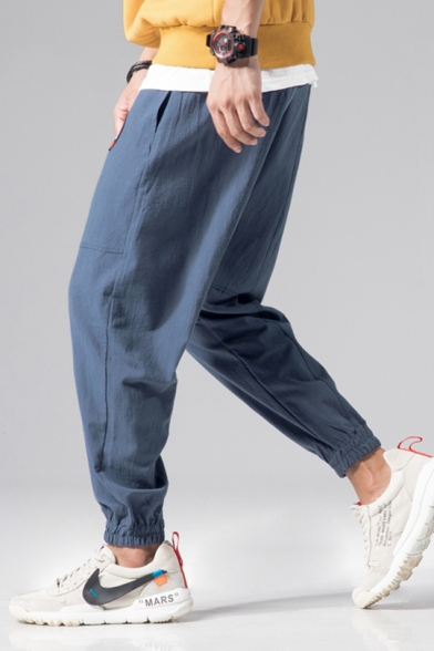 Mens Street Style Cool Patchwork Drawstring Waist Loose Fit Linen Track Pants