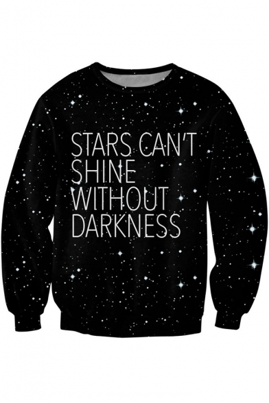 New Fashion Letter STARS CAN'T SHINE WITHOUT DARKNESS Star Galaxy Print Round Neck Black Sweatshirt