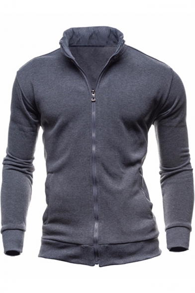 New Fashion Solid Color Stand-Collar Long Sleeve Zip Front Fitted Sweatshirt