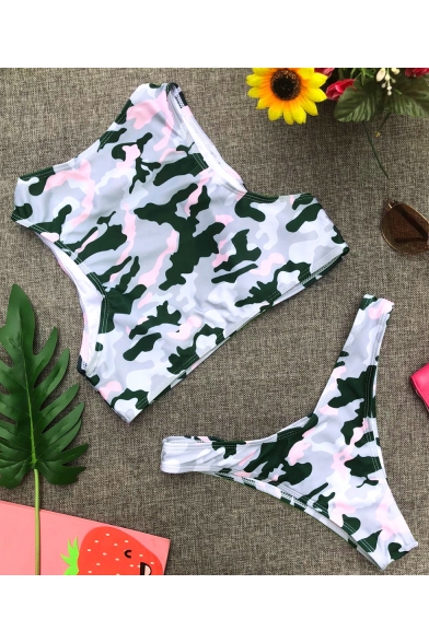 New Stylish Camouflage Printed Cut Out Sleeveless Bikini Set