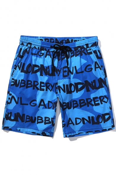 New Stylish Colorblock Letter Printed Drawstring Waist Cotton Beach Holiday Loose Swim Shorts for Men