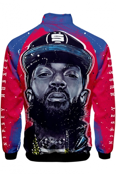 Popular American Rapper Portrait Printed Stand-Collar Zip Up Sport Colorblock Blue and Red Jacket