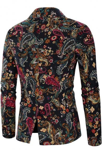 Retro Ethnic Floral Pattern Single Button Long Sleeve Mens Casual Linen Blazer Coat