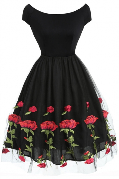 Retro Sexy Rose Embroidered Mesh Panel Zip-Back Midi A-Line Black Dress for Women
