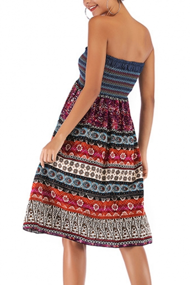 Retro Style Off The Shoulder Bow-Tied Front Floral Tribal Print Multi-Way Midi A-Line Holiday Beach Dress